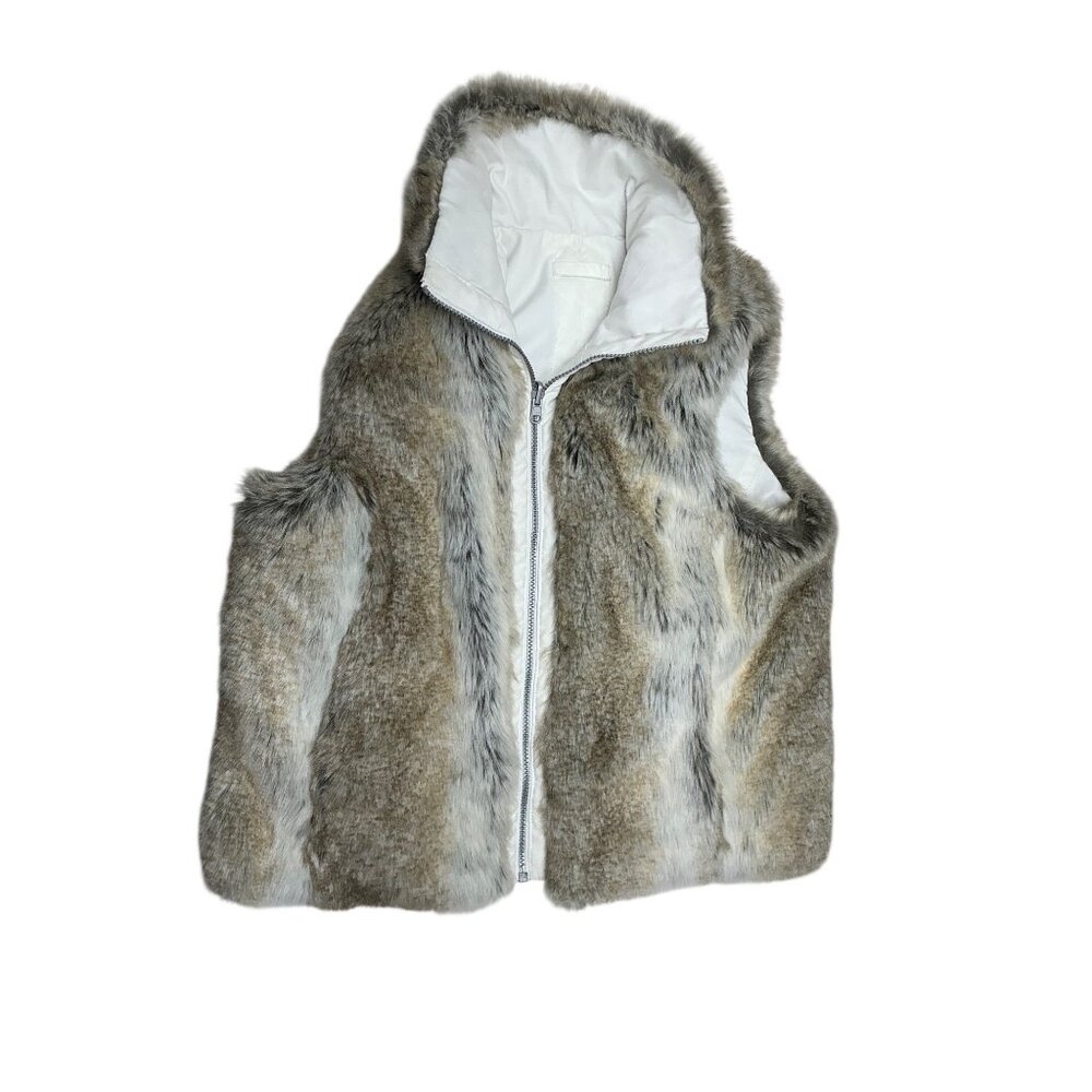 Weatherproof Faux Fur Hooded Zip Vest Womens Neutral Brown Gray. SZ M